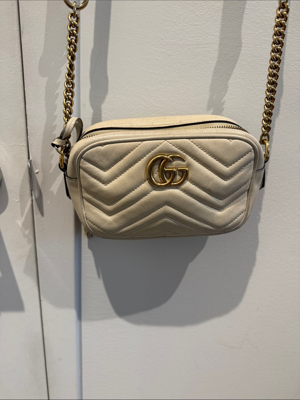 Gucci Cream Matelassé GG Marmont Small Camera Crossbody